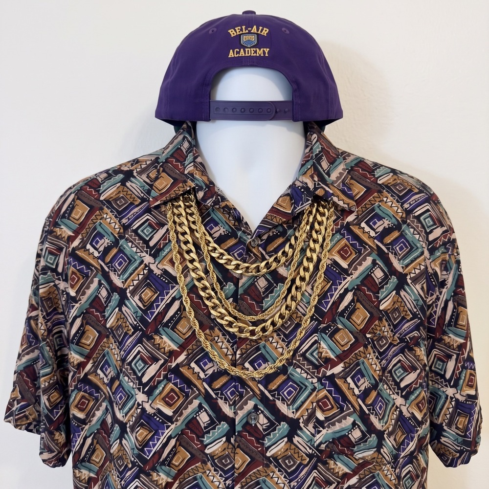 Vintage 90s Cambridge Classics Rayon Geometric Tribal Button Up Shirt M Costume